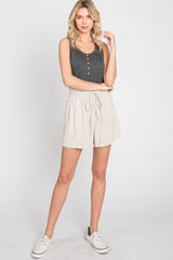 Beige Linen Smocked Waist Shorts