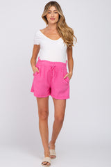 Pink Linen Smocked Waist Maternity Shorts