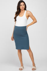 Dark Teal Ribbed Side Slit Maternity Skirt