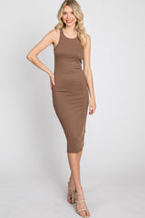 Brown Ribbed Sleeveless Midi Dress