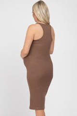 Brown Ribbed Sleeveless Maternity Midi Dress