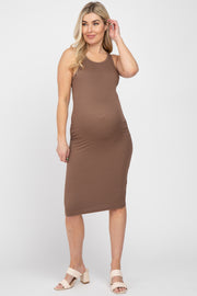 Brown Ribbed Sleeveless Maternity Midi Dress