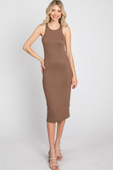 Brown Ribbed Sleeveless Maternity Midi Dress