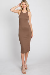 Brown Ribbed Sleeveless Midi Dress