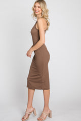 Brown Ribbed Sleeveless Midi Dress