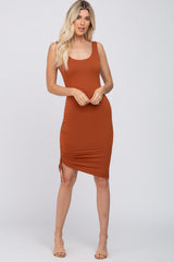 Rust Scoop Neck Ruched Side Maternity Dress