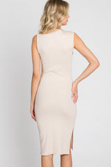 Cream Ribbed Side Slit Fitted Dress