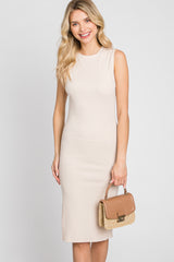 Cream Ribbed Side Slit Fitted Dress