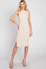 Cream Ribbed Side Slit Fitted Dress