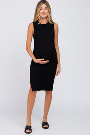 Black Ribbed Side Slit Maternity Fitted Dress