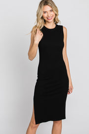 Black Ribbed Side Slit Fitted Dress