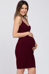 Burgundy Rib Knit Fitted Maternity Dress