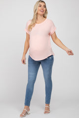 Pink Short Sleeve Curved Hem Maternity Top