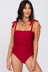 Burgundy Shoulder Tie Maternity One-Piece Swimsuit