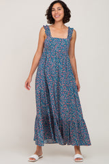 Dark Teal Floral Square Neck Ruffle Strap Back Tie Maternity Maxi Dress