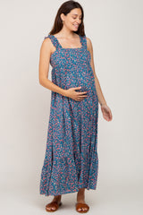 Dark Teal Floral Square Neck Ruffle Strap Back Tie Maternity Maxi Dress