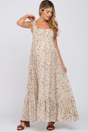 Ivory Floral Square Neck Ruffle Strap Back Tie Maternity Maxi Dress