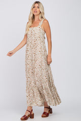 Ivory Floral Square Neck Ruffle Strap Back Tie Maxi Dress