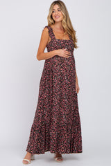 Black Floral Square Neck Ruffle Strap Back Tie Maternity Maxi Dress