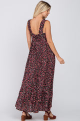 Black Floral Square Neck Ruffle Strap Back Tie Maxi Dress