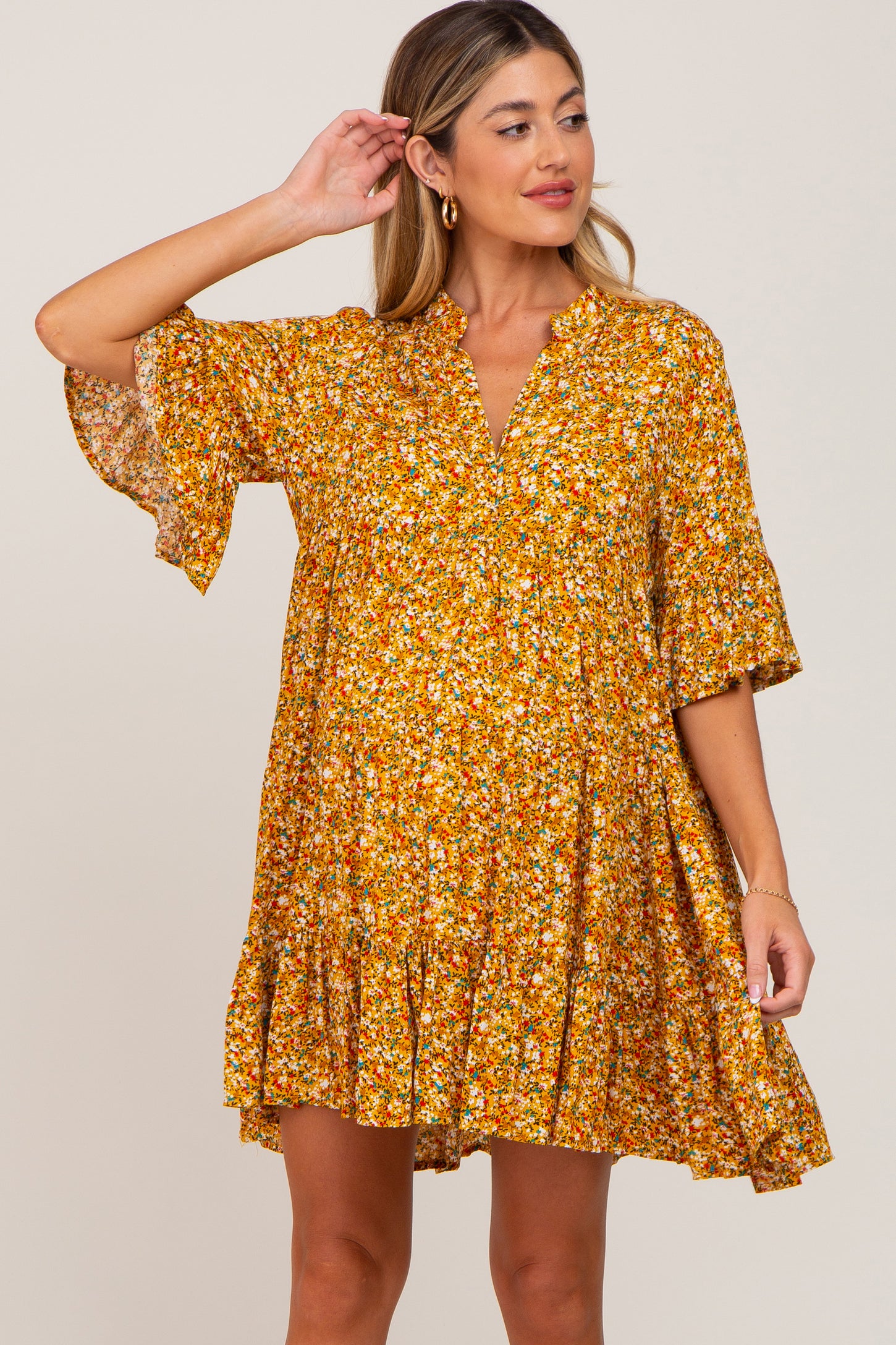 Yellow Floral Ruffle Sleeve Tiered Maternity Dress– PinkBlush