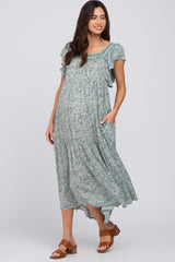 Sage Floral Square Embroidered Neck Maternity Midi Dress