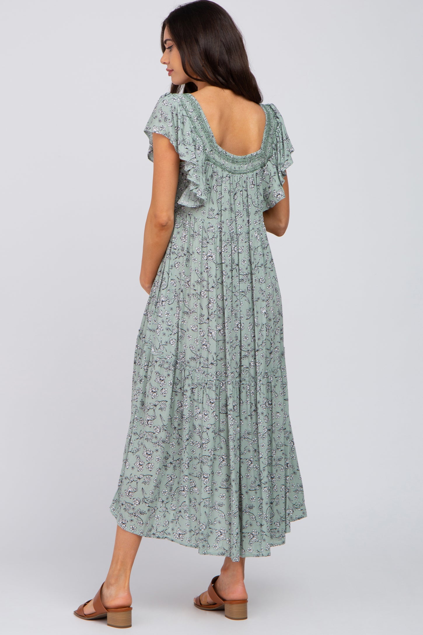 Sage Floral Square Embroidered Neck Maternity Midi Dress– PinkBlush