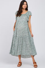 Sage Floral Square Embroidered Neck Maternity Midi Dress