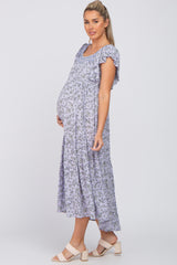 Lavender Floral Square Embroidered Neck Maternity Midi Dress