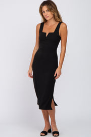 Black Ribbed Square Neck Split Front Midi Dress