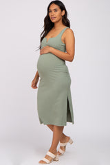 Light Olive Ribbed Square Neck Split Front Maternity Midi Dress