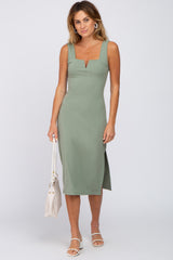 Light Olive Ribbed Square Neck Split Front Maternity Midi Dress