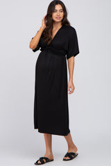 Black Knotted Front Short Sleeve Maternity Midi Dress