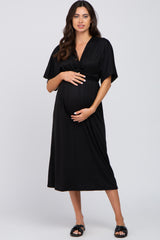 Black Knotted Front Short Sleeve Maternity Midi Dress