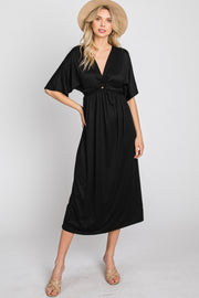 Black Knotted Front Short Sleeve Midi Dress