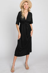 Black Knotted Front Short Sleeve Midi Dress