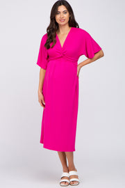 Fuchsia Knotted Front Short Sleeve Maternity Midi Dress