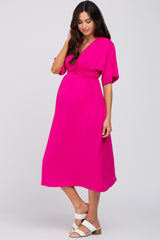 Fuchsia Knotted Front Short Sleeve Maternity Midi Dress