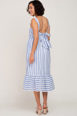 Blue Striped Sleeveless Ruffle Hem Maxi Dress