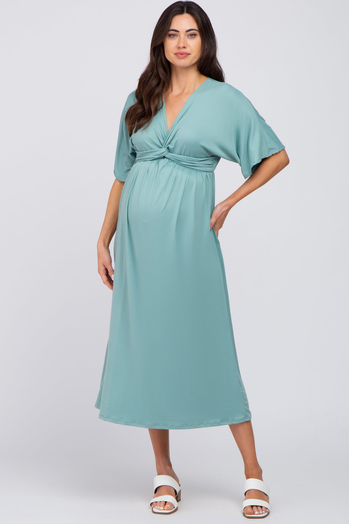 Turquoise Smocked Mesh Ruffle Accent Maternity Midi Dress– PinkBlush