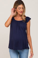 Navy Flutter Sleeve Maternity Top