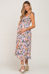 Forest Green Multi-Colored Floral Smocked Maternity Midi Dress