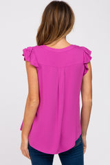 Magenta Split Neck Flutter Sleeve Blouse