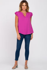 Magenta Split Neck Flutter Sleeve Blouse