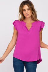 Magenta Split Neck Flutter Sleeve Blouse