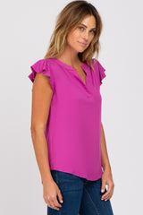 Magenta Split Neck Flutter Sleeve Blouse