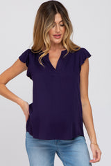 Navy Split Neck Flutter Sleeve Maternity Blouse