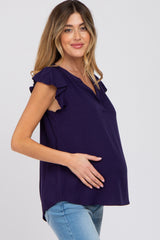 Navy Split Neck Flutter Sleeve Maternity Blouse