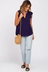 Navy Split Neck Flutter Sleeve Blouse