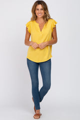 Yellow Split Neck Flutter Sleeve Blouse